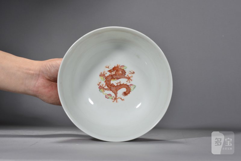 清光绪 矾红双龙戏珠纹大碗一对 - 图11
